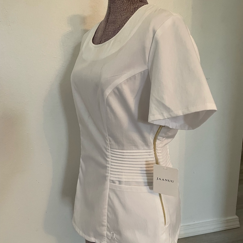 Jaanuu White Scrub Top with Slimming Pleats and Gold Side Zipper - Picture 2 of 11